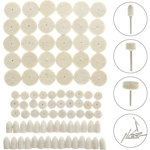 100pcs White Felt Polishing Wheel 1'' 1/2'' 3/8'' Rotary Felt Buffing Pad + 1/8" Mandrel Shank For Metal Jade Polishing Work