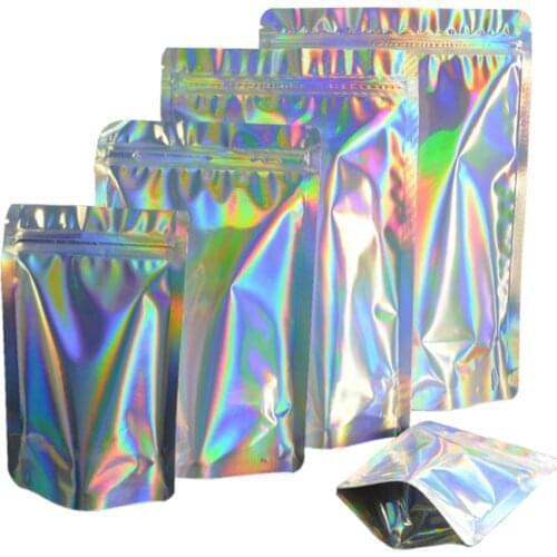 100 Pcs Laser Aluminum Foil Resealable Value Pack Stand Up Zip Lock Bag Hologram Self Seal Zipper Plastic Bag