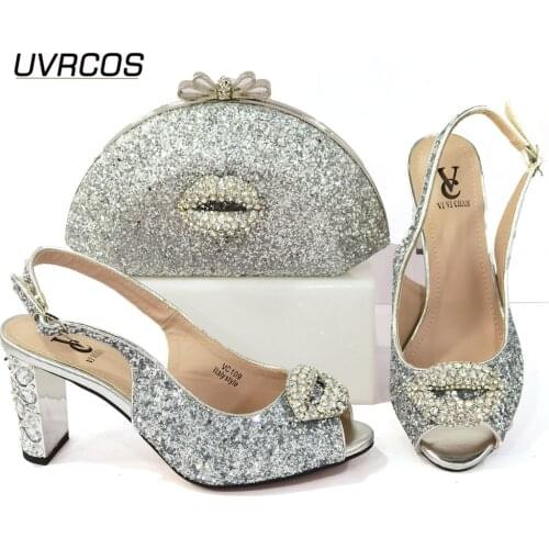 2021 African Newest Italian Design Nigerian Fashion Crystal Style Women Shoes and Bag Set in Silver Color For Party Wedding