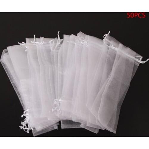 50 Pcs White Drawstring Organza Folding Hand Fan Pouch Party Wedding Gift Bags