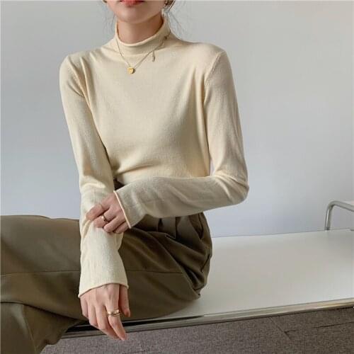 Alien Kitty 2021 Basic Half-Turtleneck Chic Loose Hot Tops Full-Sleeved Pullovers Basewear Warm Casual Tee Retro Gentle T-shirts