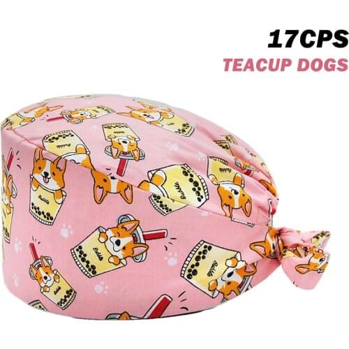 Teacup Dogs Printing Scrub Cap Operating Room Work Adjustable Working Nursing Hats Beauty Salon Fashion Scrubs Caps 100% Cotton