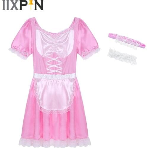 Men Male Sissy French Maid Cosplay Fancy Costume Uniform Outfit Short Sleeve Satin Sexy Club Party Dresses With Choker Headband