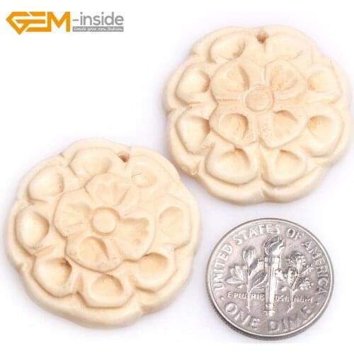Gem-inside 1pcs & 2pcs Selectable Size Large Cream White Black Plants Carved Bone Cabochon Beads For Jewelry Making Pendant