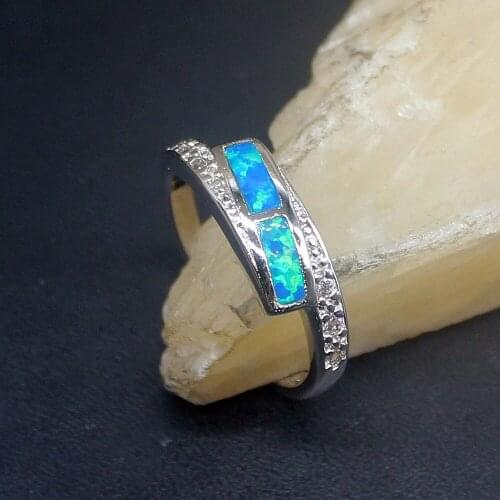 Hermosa Glorious Gemstone Blue Opal Genuine 925 Silver Band Ring Wedding Engagement Gifts for Women Size 8# 20214276