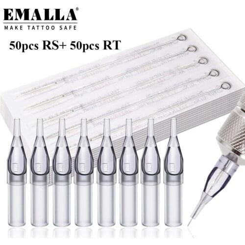 EMALLA Disposable 50PCS 3RS 5RS 7RS 9RS 11RS Tattoo Needles and 50PCS 3RT 5RT 7RT 9RT 11RT Grey Tattoo Tips Tattoo Needles Kit