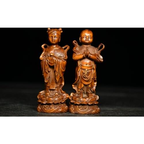 4" China Lucky Seikos Boxwood Golden boy and girl statue simple and naive Gifted with beautiful woman grow old together