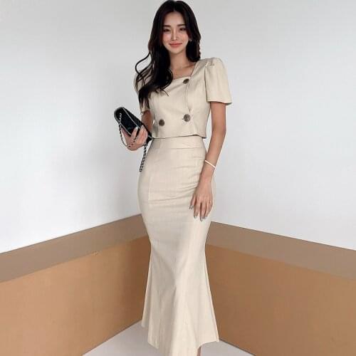 New two-piece temperament of han edition cultivate ones morality double-breasted jacket pockets hip fishtail skirt suit