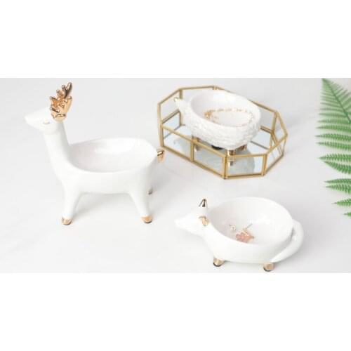 Nordic Style White Ceramic Gold Painted Gold Deer Unicorn Shape Jewelry Storage Tray Creative Decorative Ornaments Crafts