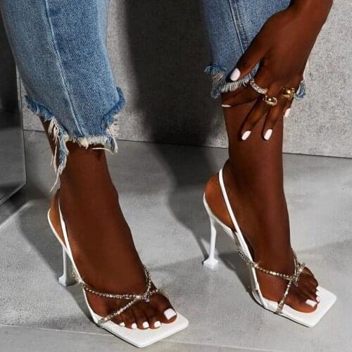 Fashion Crystal Rhinestone Sandals Women Summer Square Toe Stiletto High Heels Sexy Fetish Stripper Shoes Femalesrt5