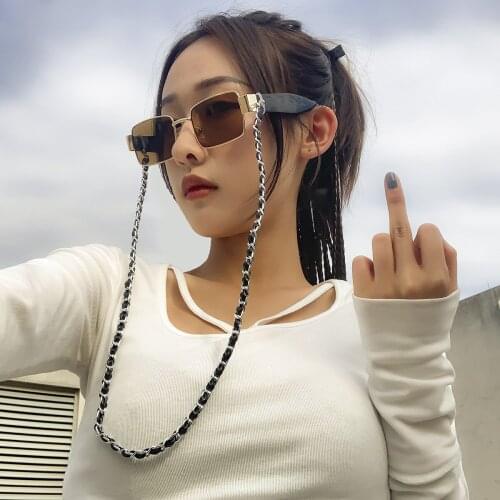 Trendy Ins Aluminium PU Leather Glasses Womens Manual Single Chain Black and White Geometric Glasses Jewelry for Girls