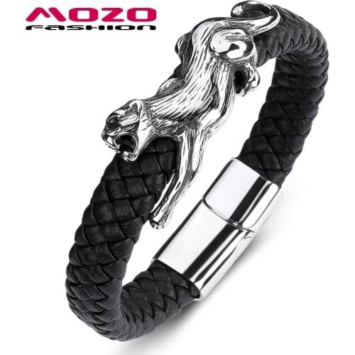 MOZO Fashion Classic Men Bracelet Black Leather Skeleton Stainless Steel Magnet Buckle Bracelet Man Leopard Jewelry Gift