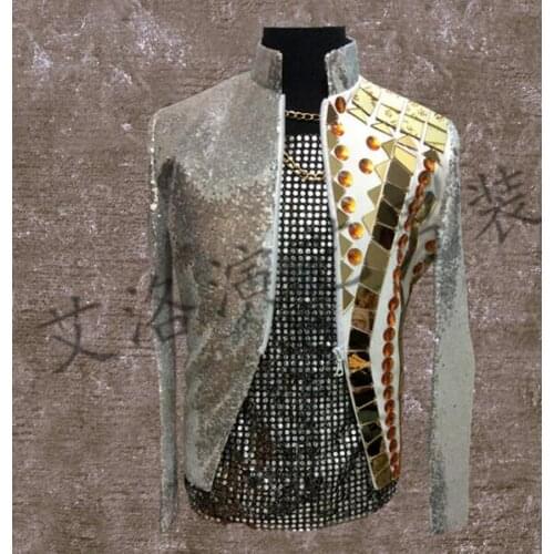 Men suits designs gold lens stage costumes for singers men sequin blazer dance jacket style dress punk rock stand collar grey