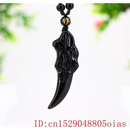 Natural Obsidian Wolf tooth Pendant Gifts Men for Amulet Charm Chinese Jewelry Necklace Black Carved