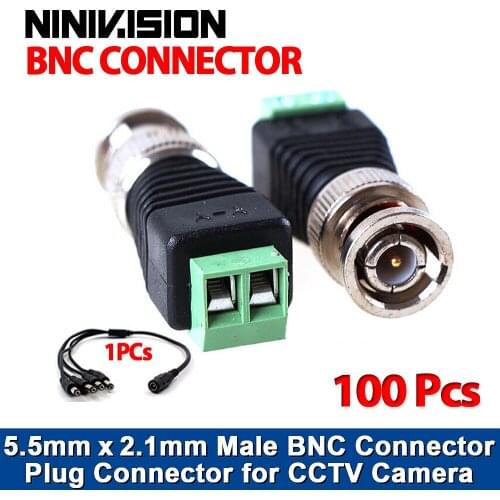 100Pcs Mini Coax CAT5 Male BNC Connector To Camera CCTV BNC Video Balun Connector Adapter
