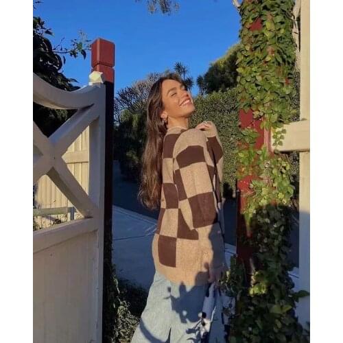 Xikom 2021 New Women Vintage Plaid Loose Sweater Girl Sweet Cute Knitted Female Casual Fstreetwear ashion O Neck Top