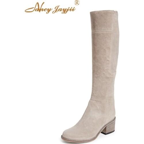The Lost Apricot Woman Knee-High Boots Female Winter Western Square Heel Back zip Solid Fashion Office Career Big Size 45 46 44