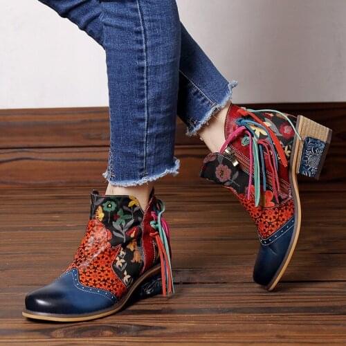 Retro Women Boots Comfortable Sun Flower Genuine Leather Printing Splicing Zipper Fringe Comfy 3CM Square High Heel Shoes Women