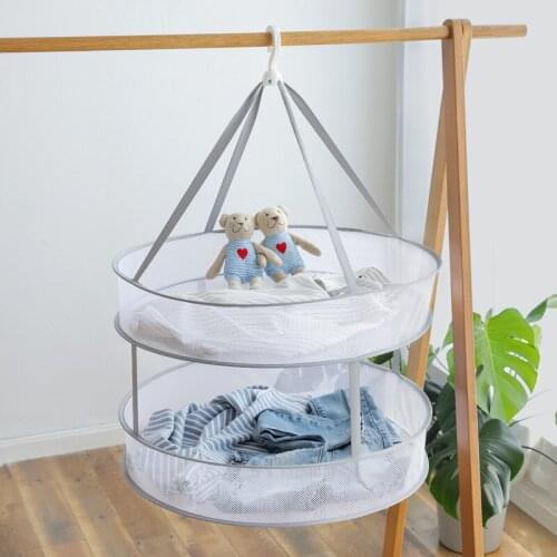 Grey Double-Layer Clothes Drying Net Collapsible Windproof Clothes Basket Polyester Breathable Dry Socks Drying Rack Laundry