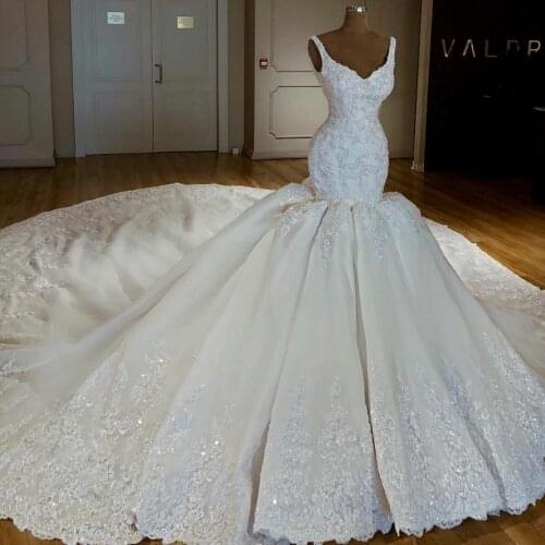 Luxury Trumpet Wedding Dress Lace Sequins Custom Made Bridal Gowns Long Train vestido de novia