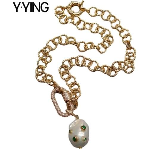 Y·YING natural Cultured White Keshi Pearl Green Cz Pave Gold color Plated Chain Necklace 18"