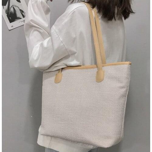 Women Canvas Tote Bag Fashion Zipper Closure Large Capacity Shoulder Bag Wild Style Handbag (Khaki, Black, Black White)