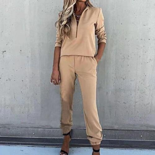 2021 Autumn Solid Color Ankle Banded Women Outfit Two Piece Set Long Sleeve Zipper Neck Sweatshirt Pockets Pants Set Streetwear