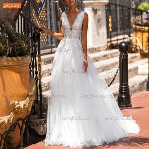 New White V Neck Wedding Dress 2021 Sexy Backless Vestido De Novia Custom Made A Line Bride Gown Women Sleeveless Abito Da Sposa