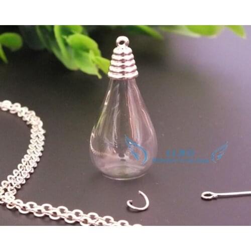 10sets 31*18mm 6mm open clear drop glass globe bubble pendant with silver plated cap necklace set---flat bottom