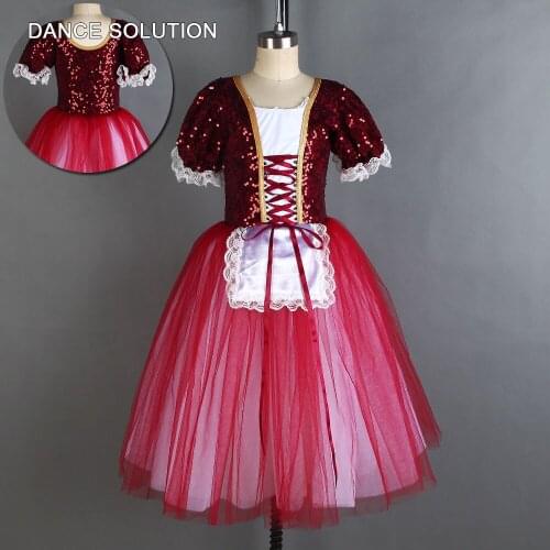 19846 Burgundy Sequin Bodice with Tulle Dress Long Romantic Tutu Girl & Women Stage Show Costume Ballerina Solo Skirt Dancewear