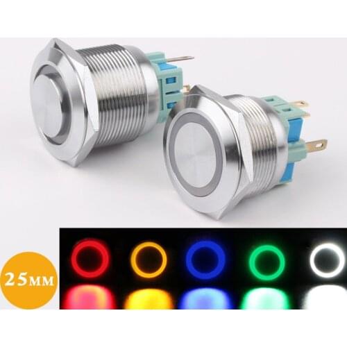 25mm 6V 12V 24V 220V Blue Ring Led Light Momentary/Locking Push Button Switch DPST Metal Industrial Boat Car DIY Switch