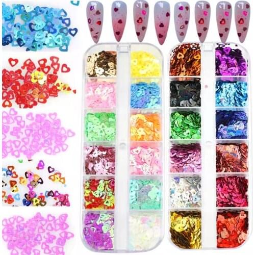 12 Grids Heart Nail Glitter Flakes 3D Laser Sweet Love Cross Paillette Sequins Holo Design DIY Nail Art Decoration Manicure