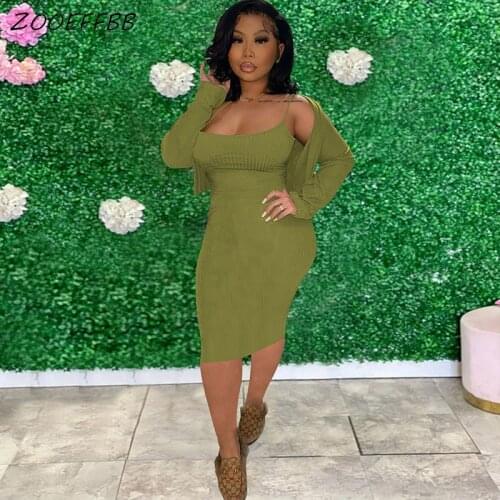 ZOOEFFBB Rib Two Piece Set Autumn Clothes 2021 Skirt Sets Long Sleeve Cardigans Skirts Outfits Sexy Midi Halter Bodycon Dress