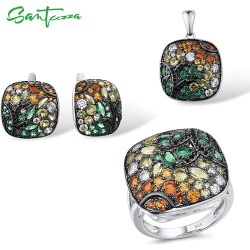 SANTUZZA Jewelry Set For Women 925 Sterling Silver Sparkling Colorful Stones Square Pendant Earrings Ring Set Party Fine Jewelry