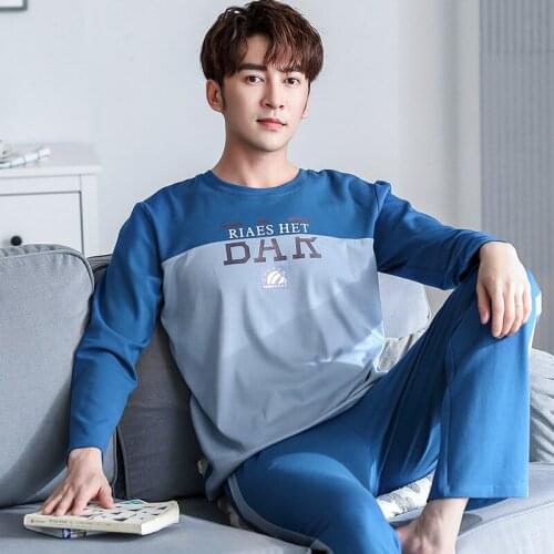 Men 2PCS Cotton Pajamas Sets Soft O-Neck Full Sleeve&Pant Lounge Home Wear Sleepwear Nightwear L XL XXL 3XL Summer Pyjamas Suit