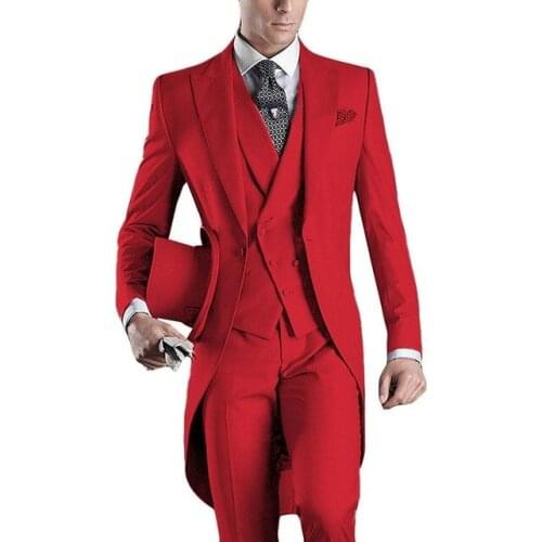 Red Men Suits 3 Pieces Peak Lapel Tailcoat Costume Homme Groom Prom Wedding Terno Masculino Slim Fit Blazer (Jacket+Pant+Vest)