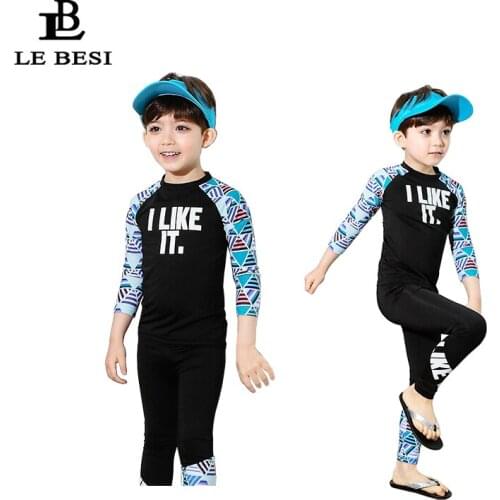 LE BESI 2019 New Print Boys Swimsuit Kids Two Piece Swimwear Separate Long Pants With Sleeve Childrens Surf suit