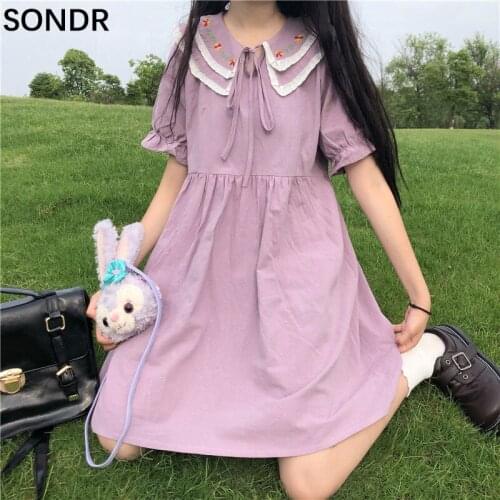 Summer Sweet Girl Dress 2021 New Women Japanese Student Solid Midi Dresses Cute Double-Neck Floral Embroidered Short Sleeve Robe