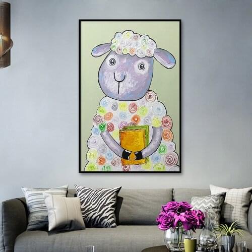 Mintura Hand Painted A Lovely Sheep Oil Paintings on Canvas Wall Picture For Living Room Hotel Decor Animal Poster Art No Framed
