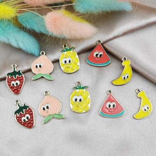 MuhNa 10pcs Funny Eyes Fruit Enamel Charms Alloy Gold Tone Peach Banana Pendant DIY Bracelet Earrings Jewelry Making Accessory