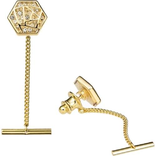 Mens Hexagonal Hollowed Rose Tie Tack Rhinestone Crystal Tie Pin Tie Clip with Chain Collar Pin High Quality Wedding Jewelry