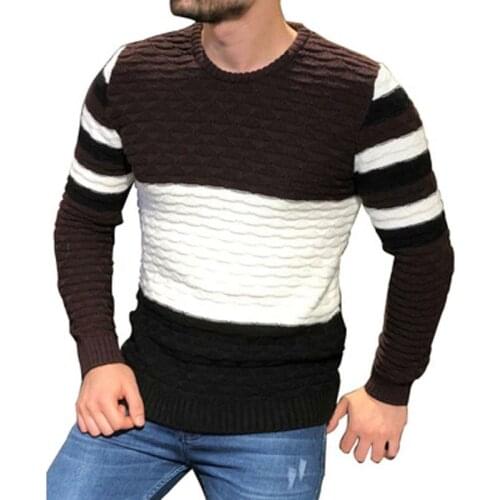 Mens Long Sleeve Sweaters Mens Striped Warm Thick Slim Knitted Sweater Fashion O-Neck Slim Jumpers Autumn Winter Clothing
