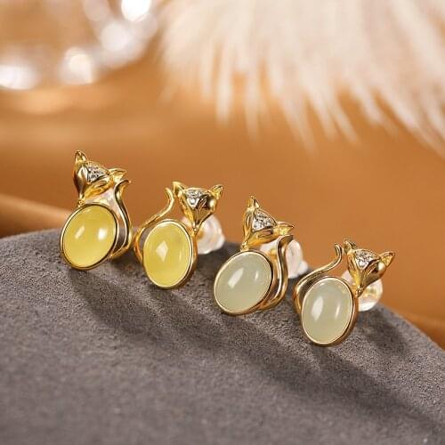 Natural 925 sterling silver gilt fox inlaid hetian jade amber earrings temperament sterling silver women earrings jewelry