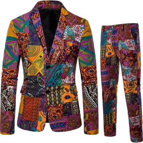 2019 New Mens (Jacket+Pants) Casual Mens Suits National Style Printing Blazers Two Piece Set Groom Wedding Dress