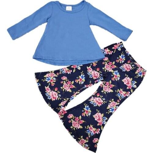 Wholesale girl long sleeve outfit blue color top and bell pants clothing set with flower pattern