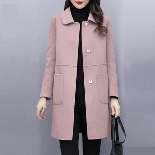 2020 Autumn Winter Blends & Wool Jacket Women Red Black Pink Elegant Slim Mid-length Outwear Plus Size Casual Female Wool Coats