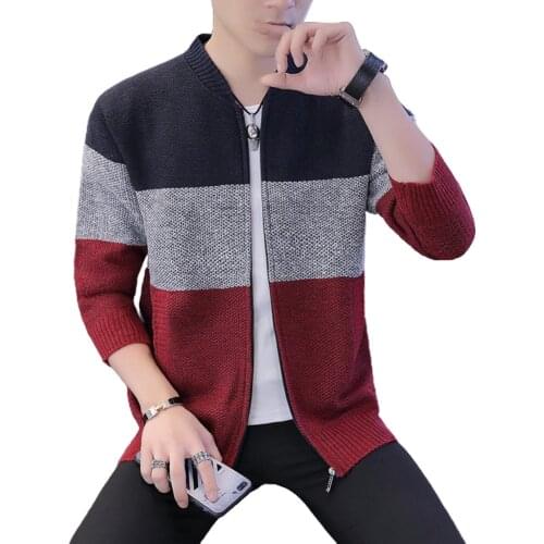 Autumn Men Coat Cardigan Long Sleeve Knitted Sweater Thick Warm Color Block Zip Jacket Plus Size Streetwear Knit Coat Outerwear