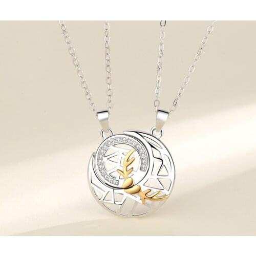 Fashion Couple S925 Silver color Simple Sun Moon Antlers Two-in-One Pendant Necklace Love Anniversary Gift X218