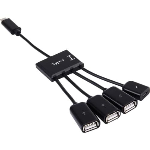 Portable 4 in 1 USB-C / Type-C to 3 Ports USB 2.0 OTG HUB Cable with Micro USB Power Supply
