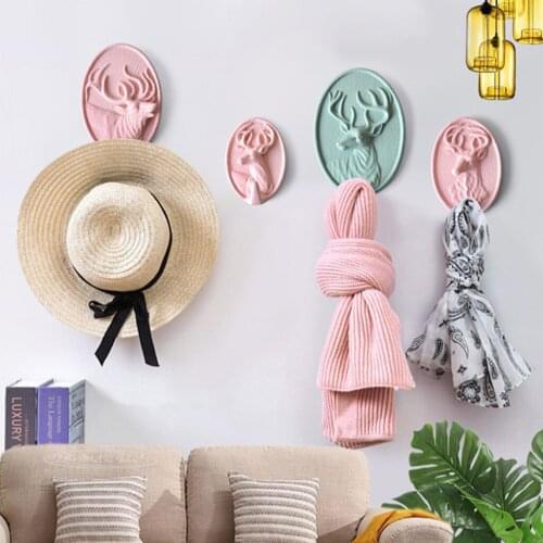 MagiDeal Nordic Self-adhesive 3D Resin Deer Head Wall Mounted Hanger Coat Key Robe Hook Decorative Cloth Bag Holder Pink Blue